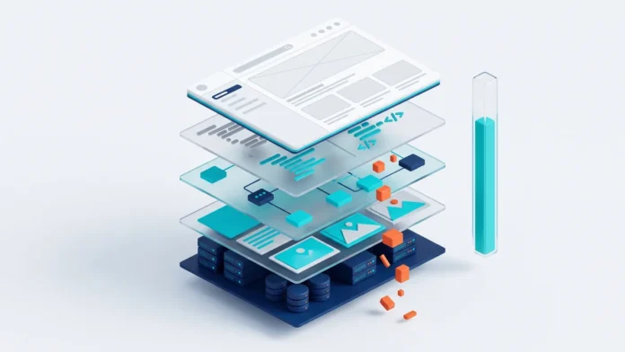 WooCommerce sayfa katmanlarını ve Core Web Vitals hız göstergesini gösteren izometrik illüstrasyon