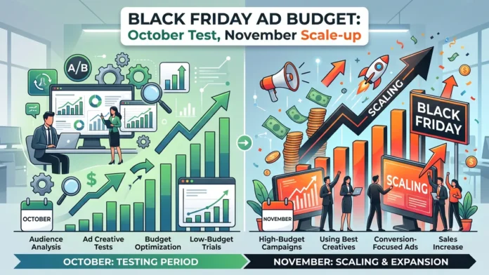Illustration contrasting an October testing period in green with a November Black Friday scale-up in orange