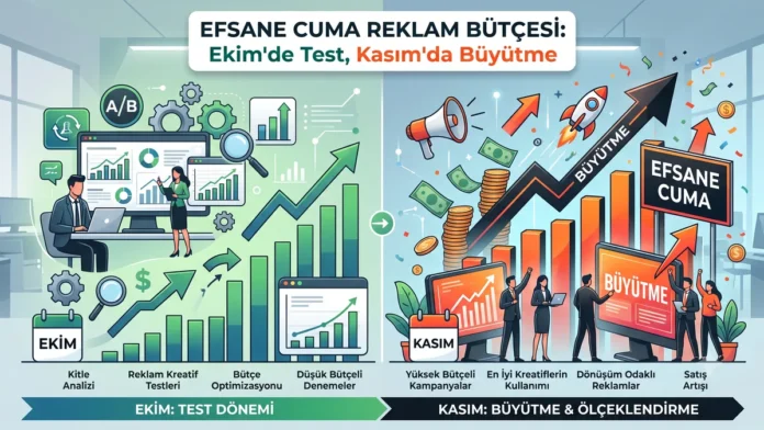 Ekim’de test, Kasım’da büyütme dönemlerini yan yana gösteren illüstrasyon: solda yeşil test grafikleri, sağda turuncu Efsane Cuma büyüme grafikleri